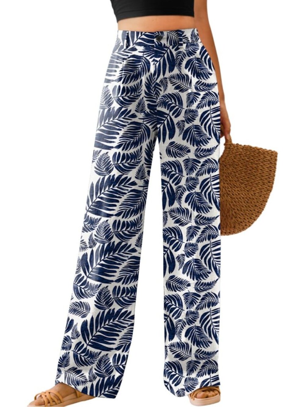 Women's Palm Leaf-white High Waisted Button Down Straight Long Wide Leg Pants
